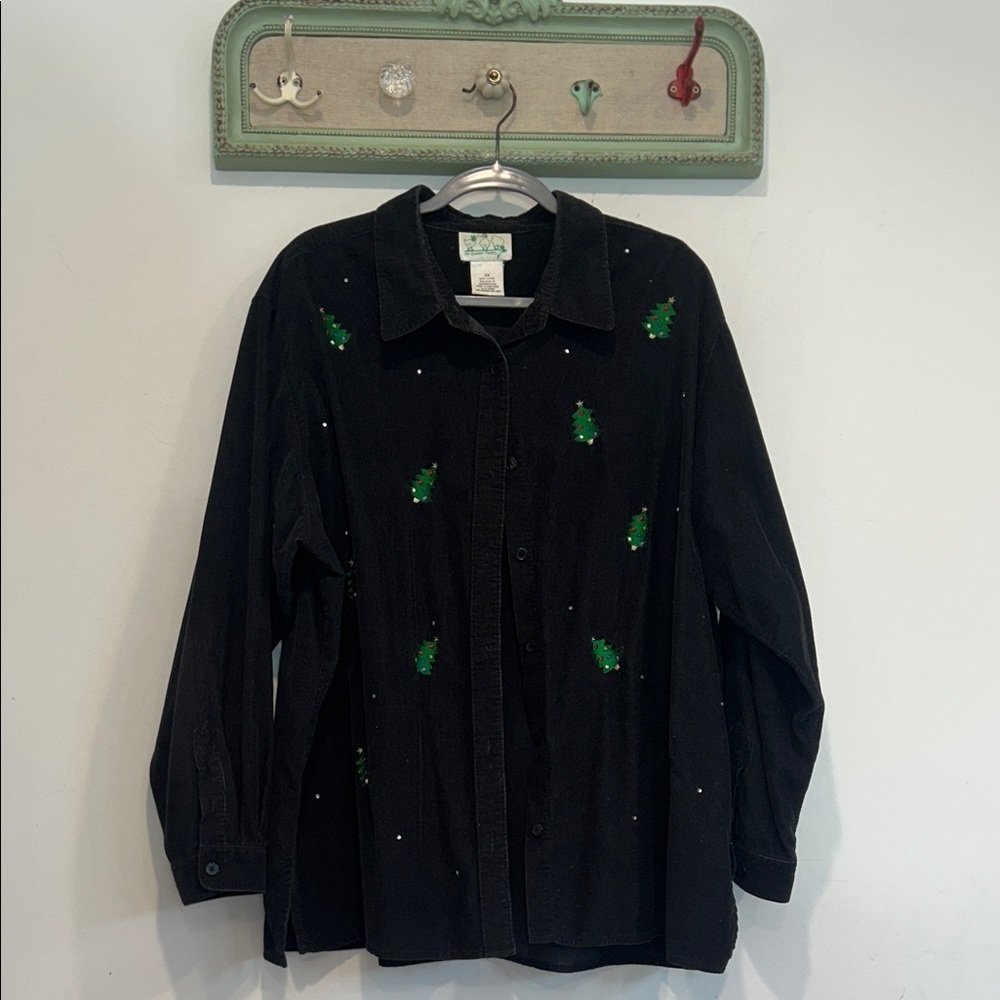 Vintage Quaker Factory Cotton black Button-Down Shirt Green Tree Embroidery 2X